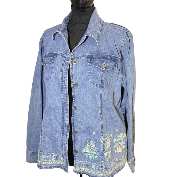 Alfred Dunner Jackets & Blazers - Women's Alfred Dunner Denim Jacket Long Sleeve Top Embroidered y2K Floral SZ 12